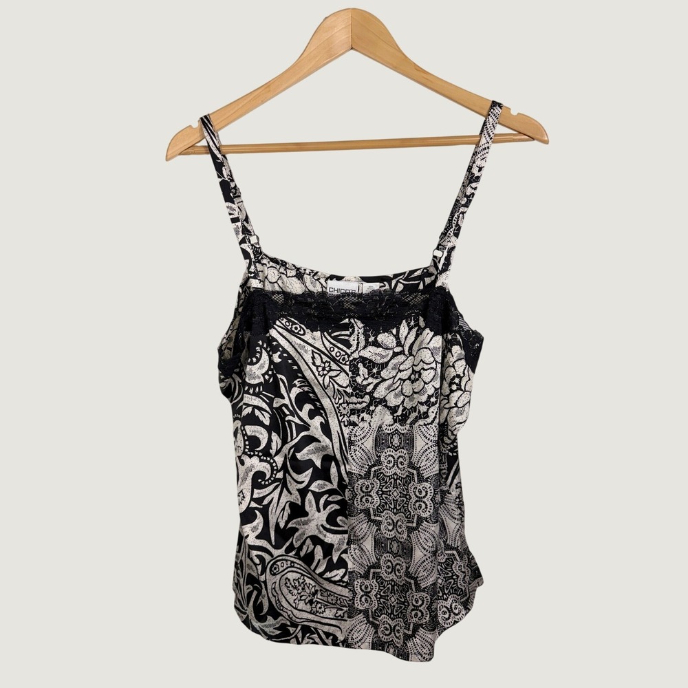 Chico's Silk Blend Camisole Black White Paisley Floral Lace Trim Tank Top Size 2